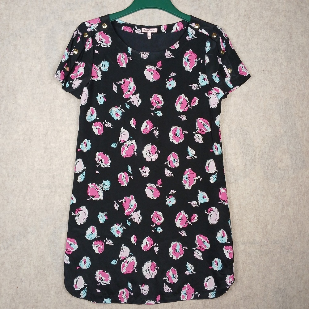 Juicy Couture 100% Silk Black Pink Floral Shift Dress Size 6 Gold Buttons
